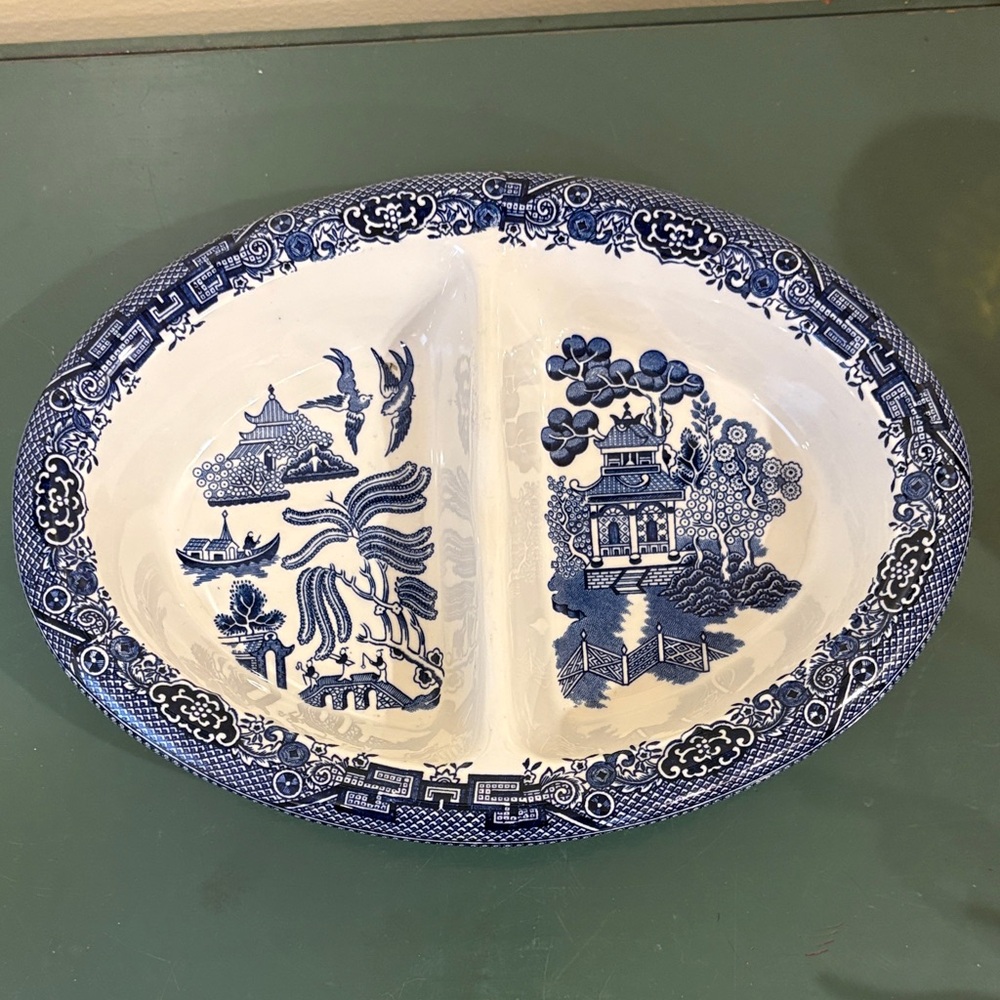 Churchill Staffordshire England Blue Willow Divided Ceramic Serving Dish.